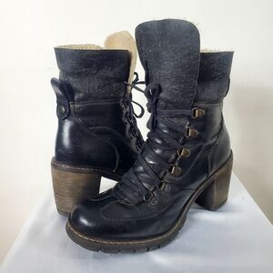 Aldo Black Lace-Up Shearling-Trim Heel Boots